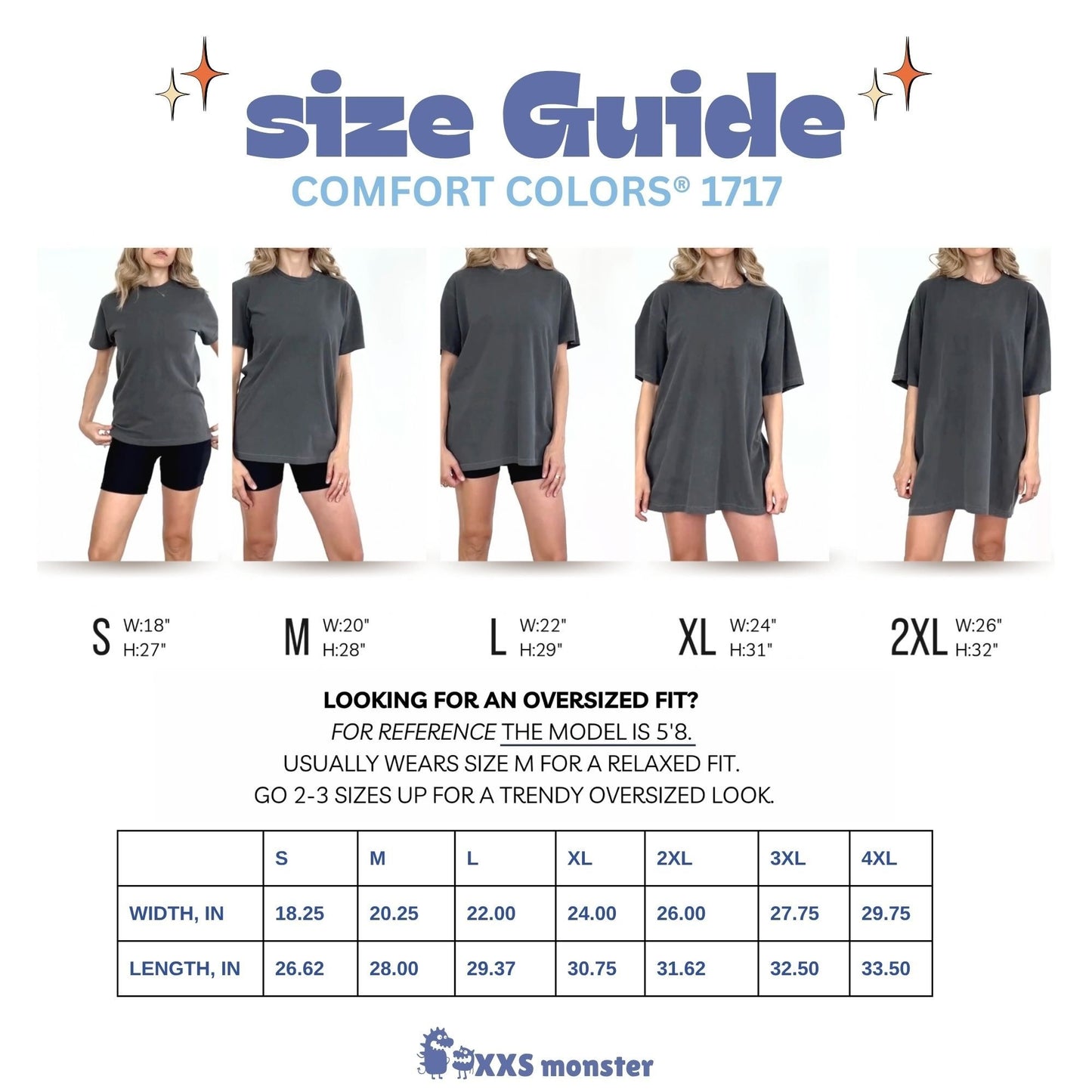 The image is a size guide for a comfortable colors 1717 collection of t-shirts, featuring five different sizes and corresponding images of women wearing the t-shirts.