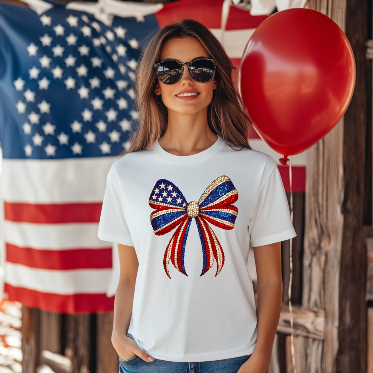 a woman wearing a patriotic bow t - shirt and sunglasses