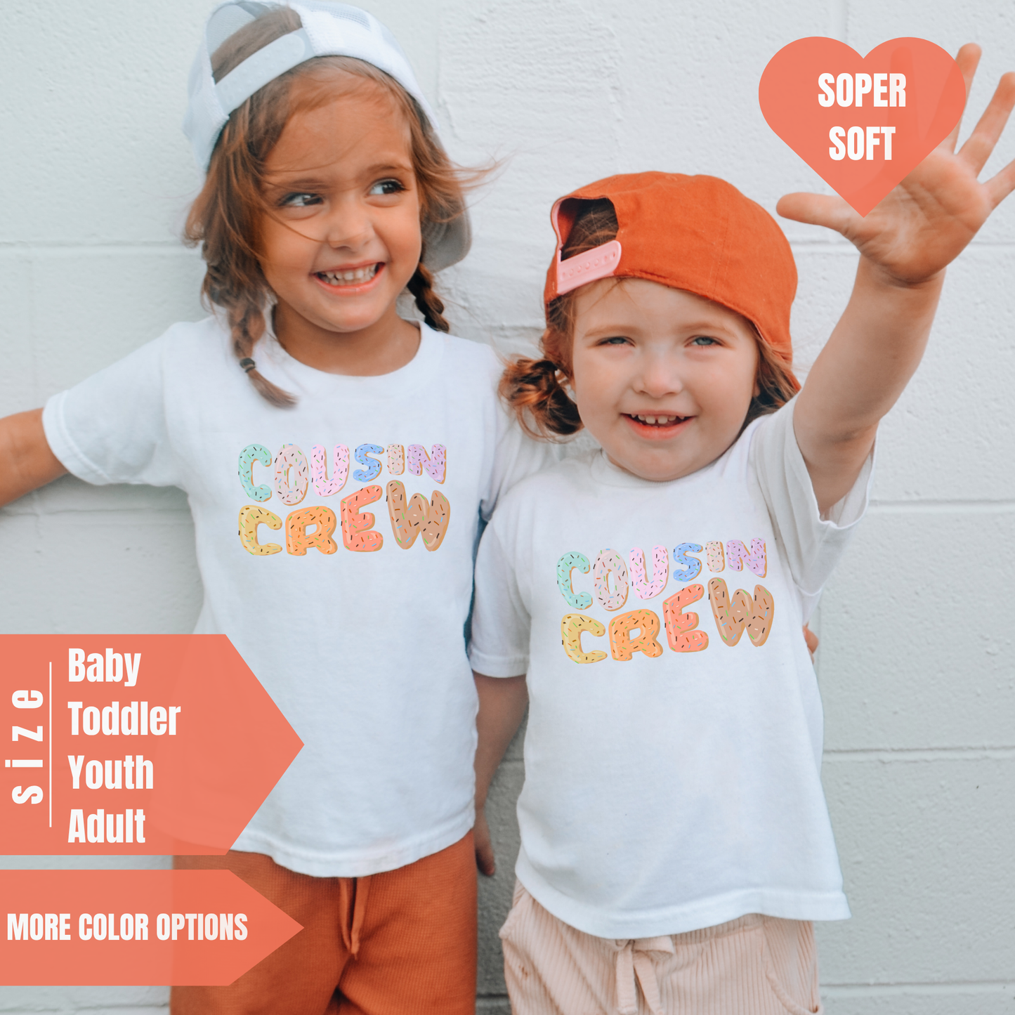 two little girls wearing matching shirts and hats