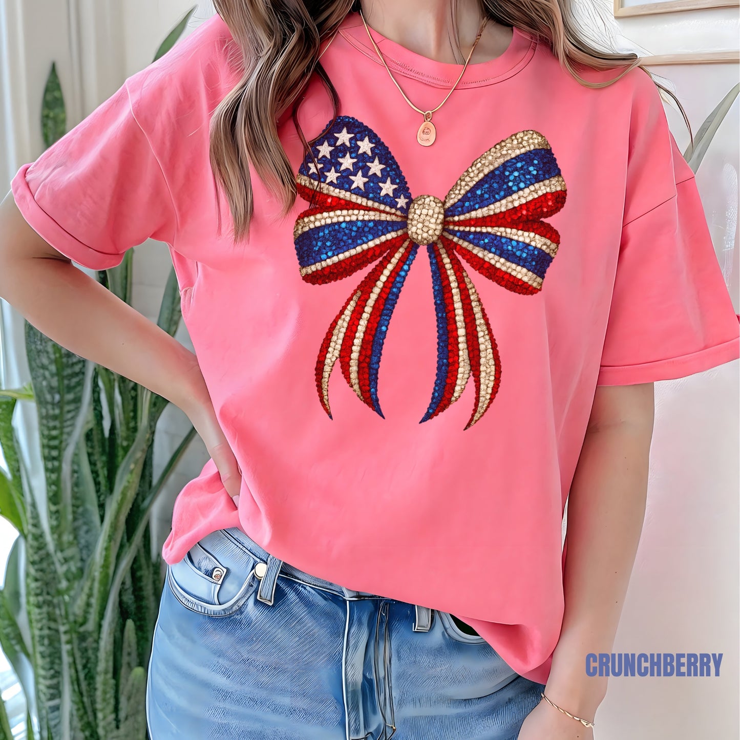 a woman wearing a pink shirt with an american flag bow on it