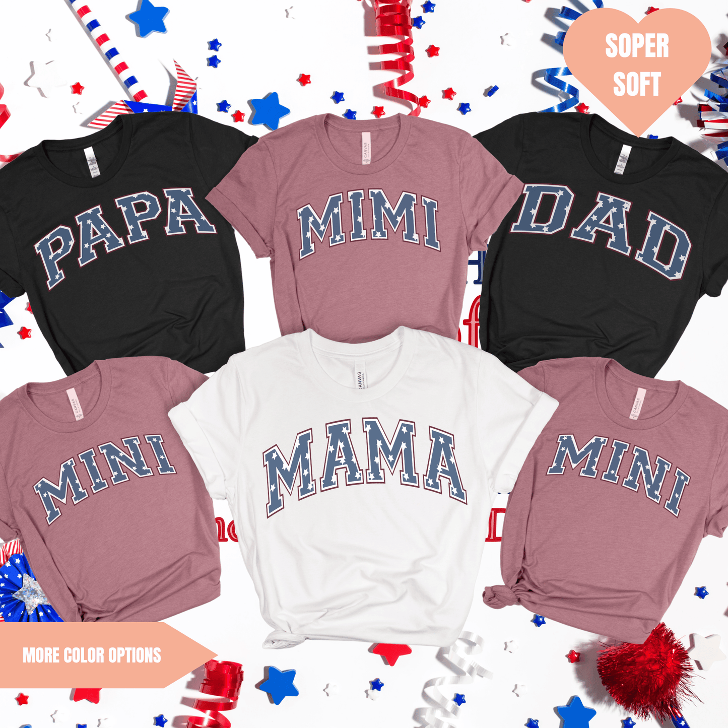 a group of shirts with the word papa and mama on them