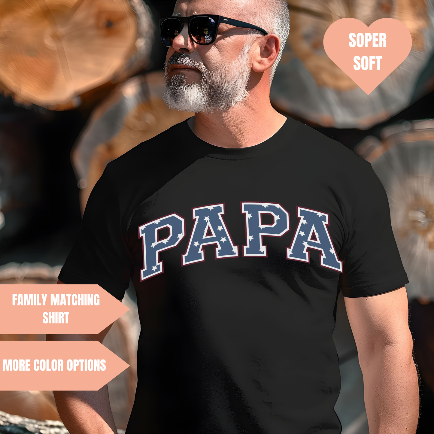 a man with a beard wearing a papa t - shirt