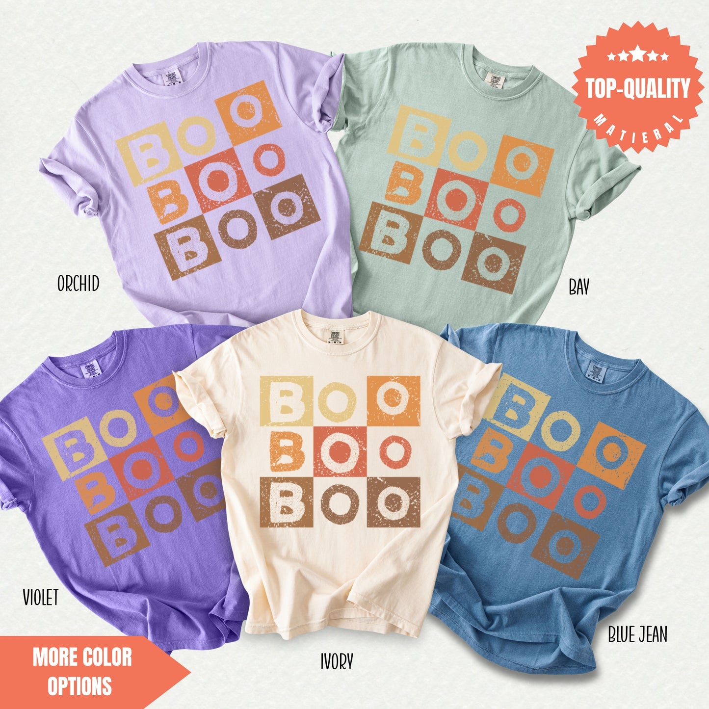 a group of four t - shirts with the words boo boo on them