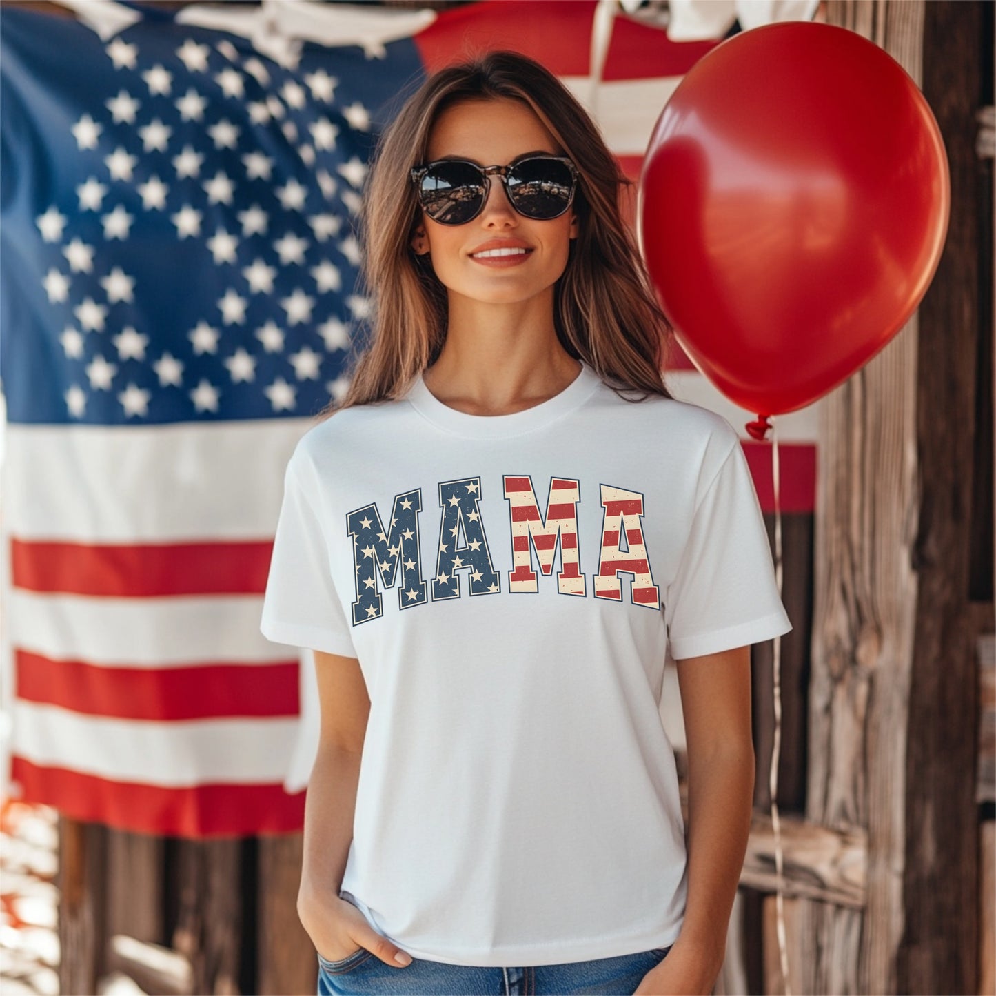 a woman in a white shirt and sunglasses standing in front of an american flag