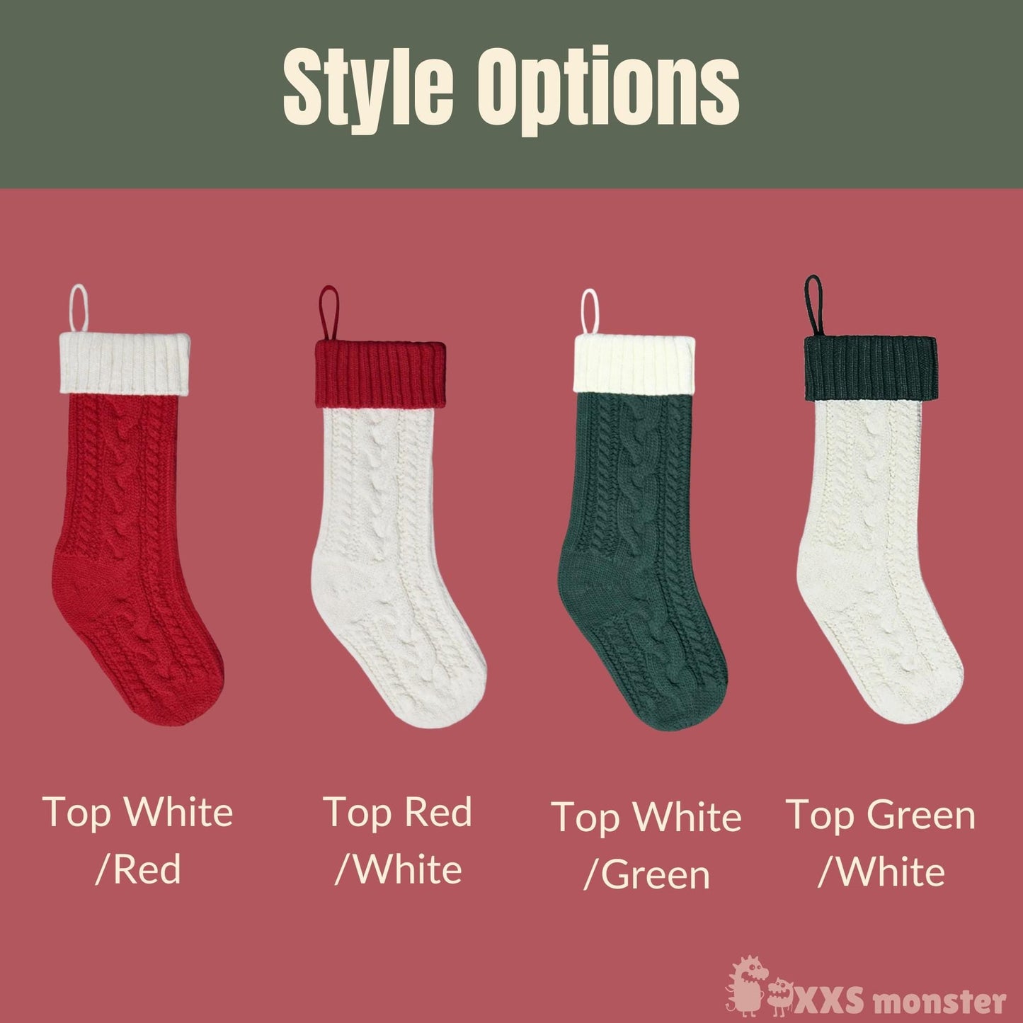 four different styles of Christmas stockings, each with a distinct color and pattern, arranged in a grid against a red background.