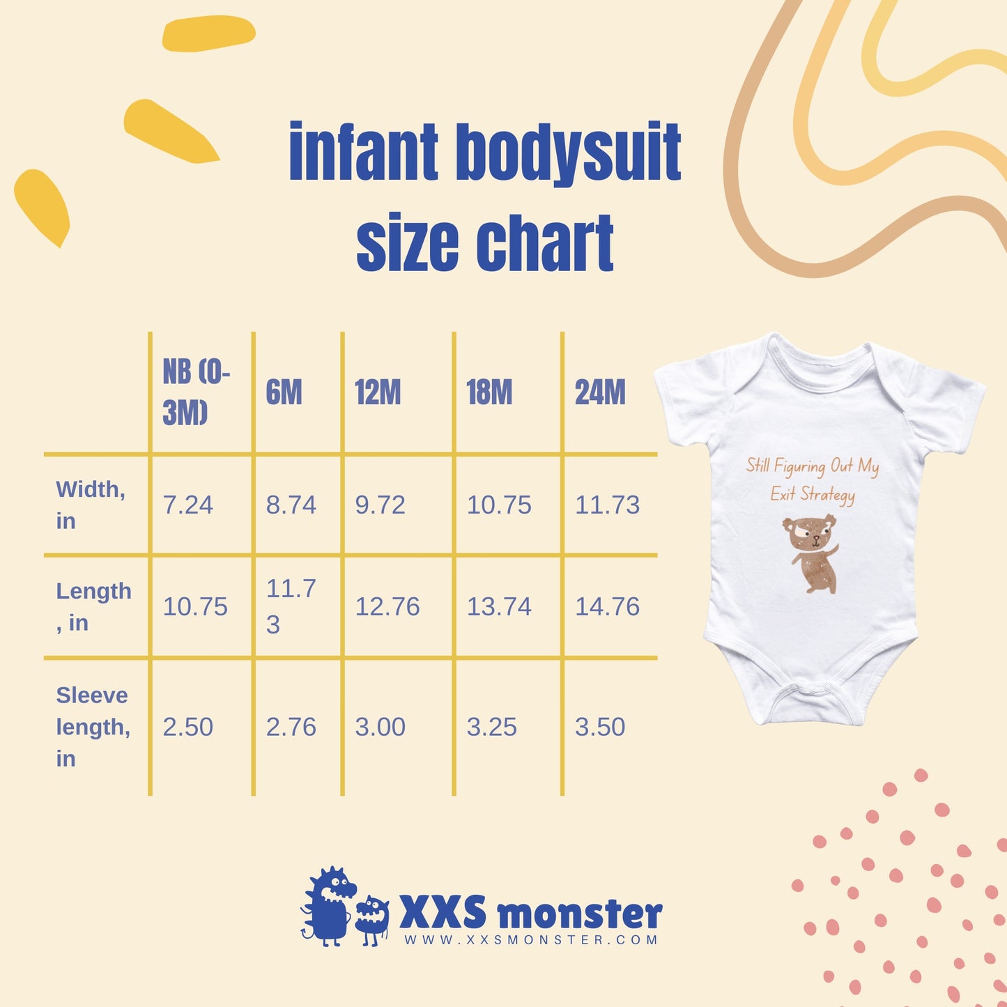 a baby bodysuit size chart with a bear on it