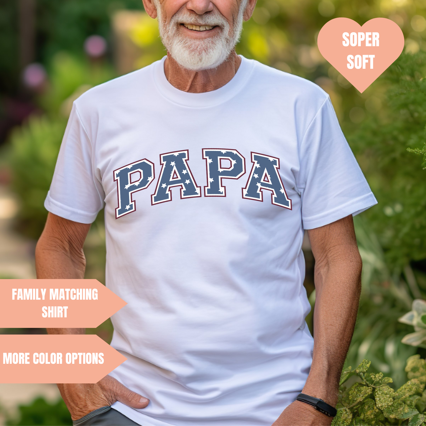 a man with a white beard wearing a papa t - shirt