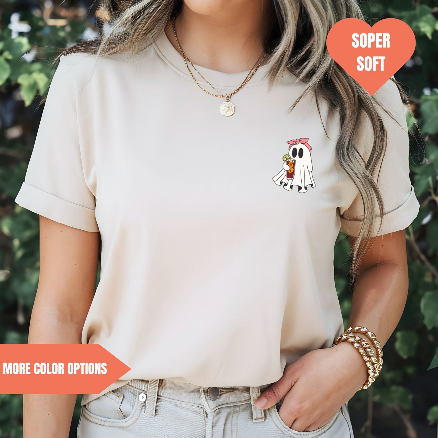 a woman wearing a t - shirt with a cartoon character on it