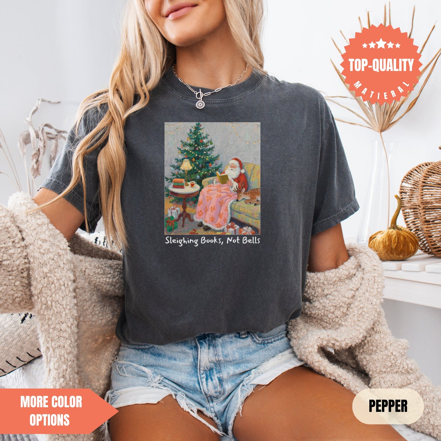 Sleighing Books, Not Bells Book Lover Christmas T-Shirt Comfort Colors