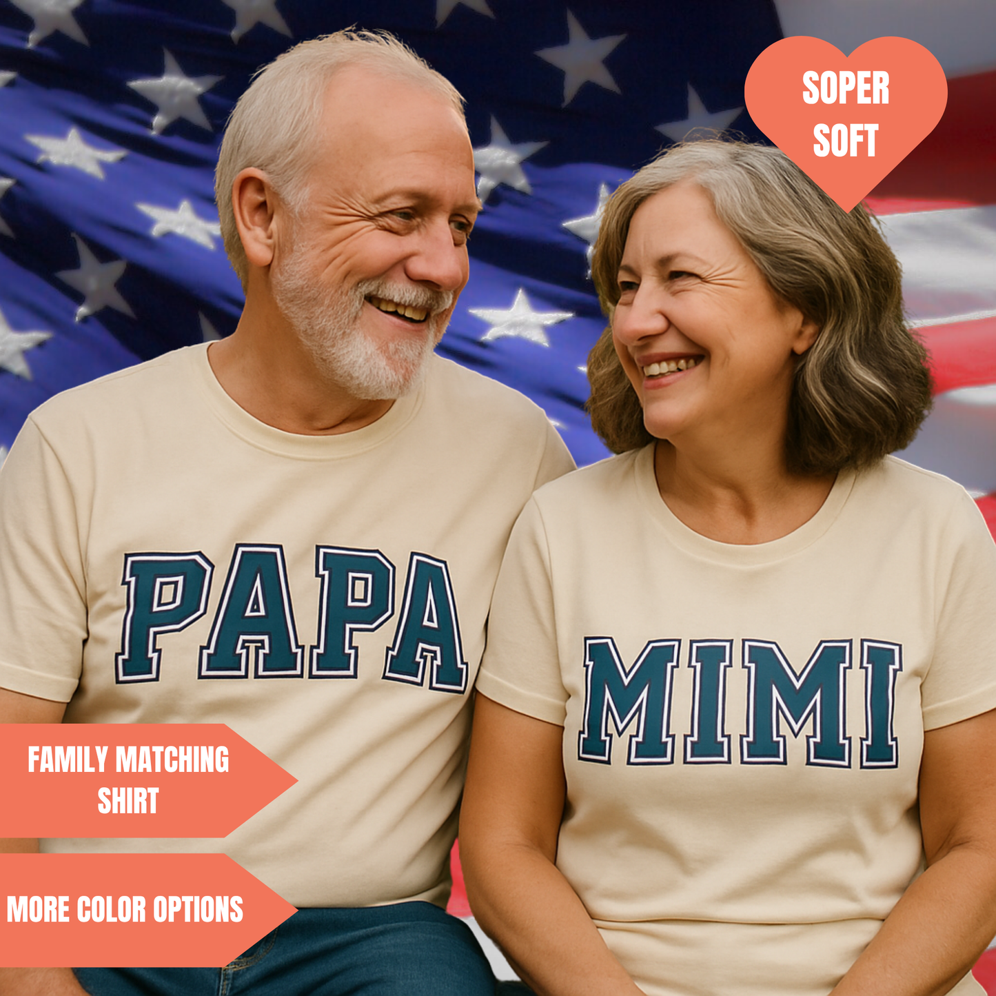 a man and a woman sitting next to each other in front of an american flag