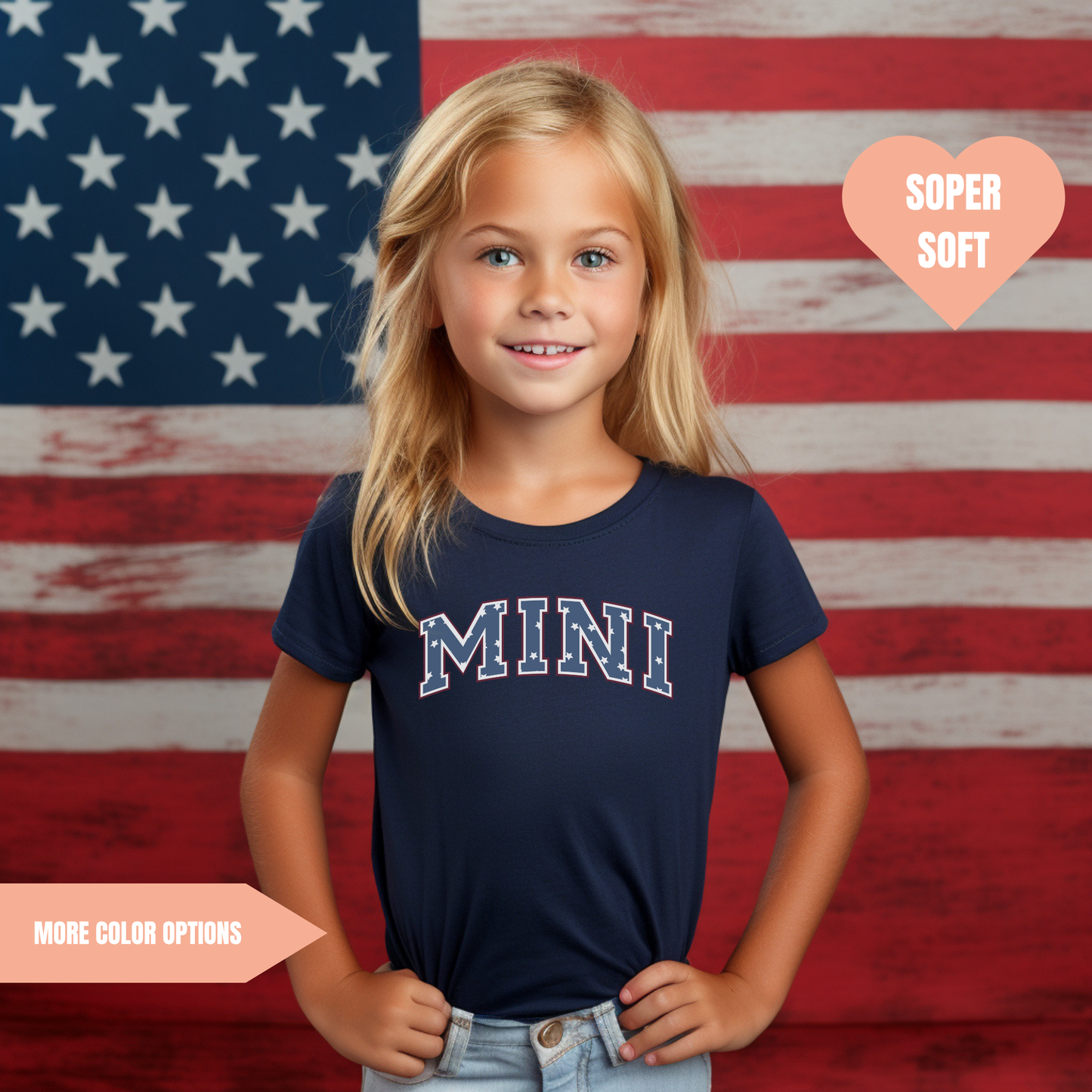 a little girl standing in front of an american flag
