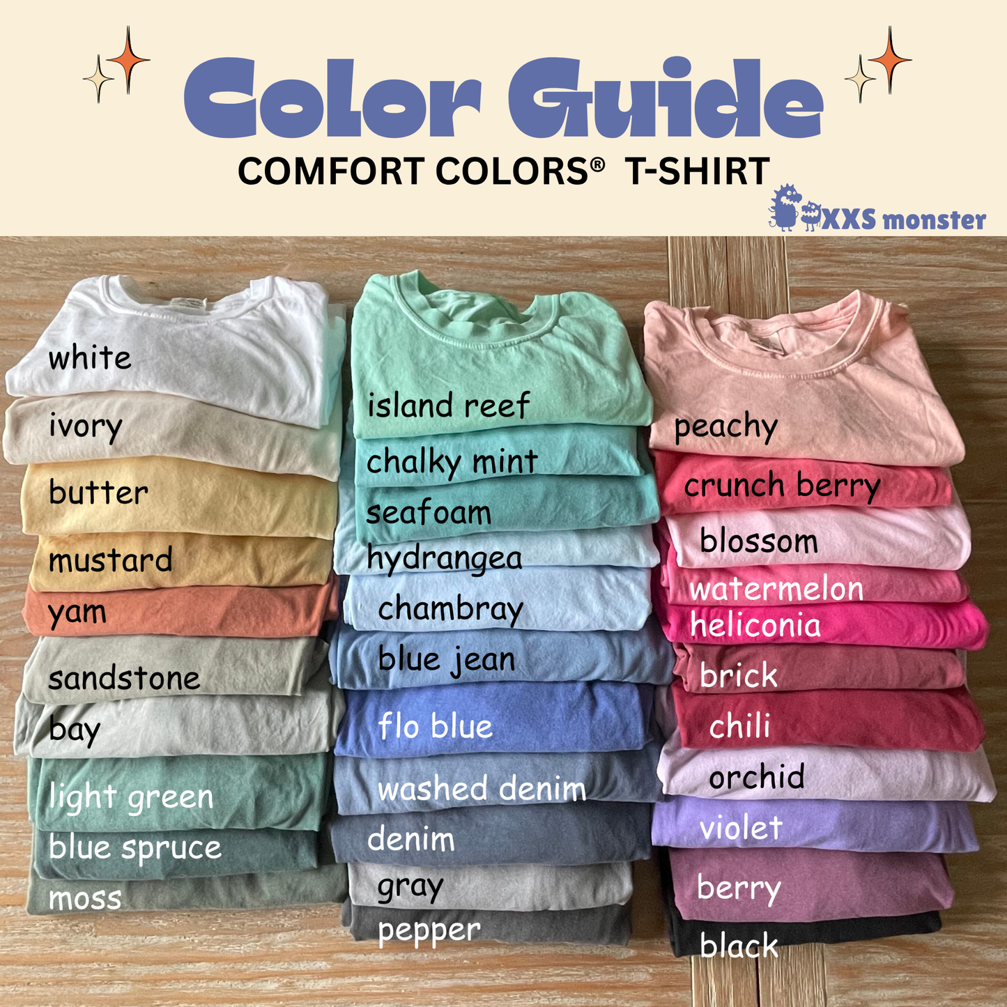 a collection of colorful t-shirts laid out on a wooden surface, with each t-shirt having a different color. The t-shirts are organized in a way that allows for easy comparison and identification of the various colors.