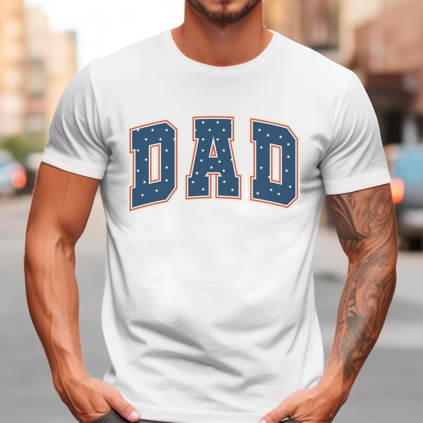 a man wearing a white shirt with the word dad on it