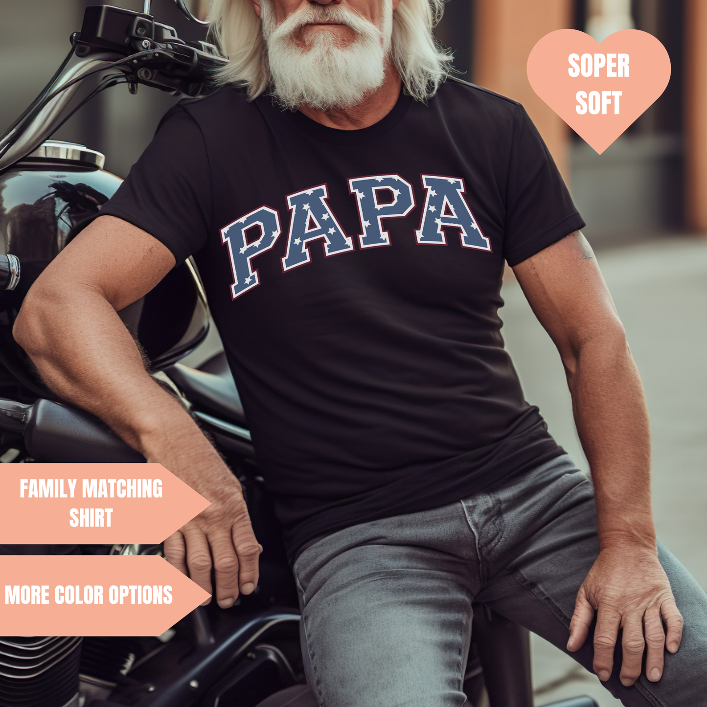 a man sitting on a motorcycle wearing a papa t - shirt