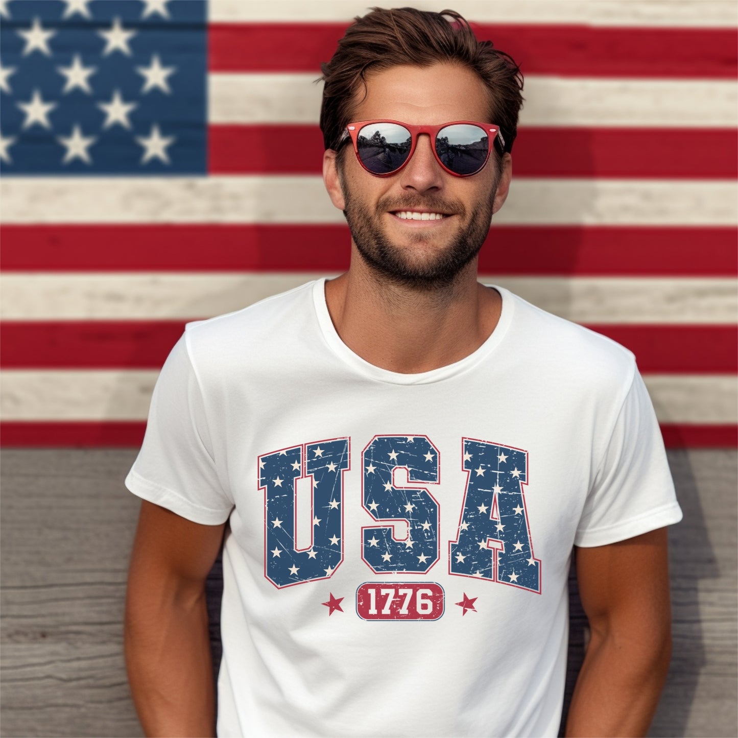 a man wearing sunglasses and a usa t - shirt
