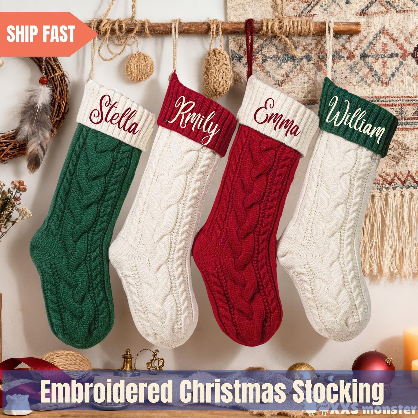 Custom Name Embroidered Christmas Knitted Stockings