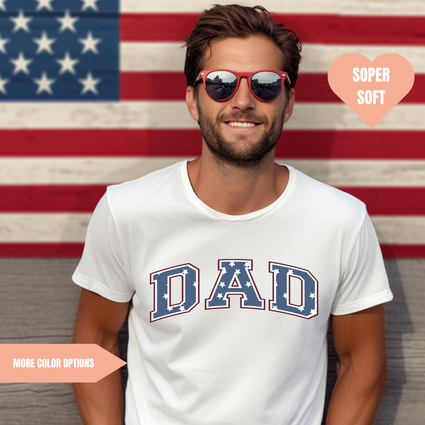 a man wearing sunglasses with the american flag in the background