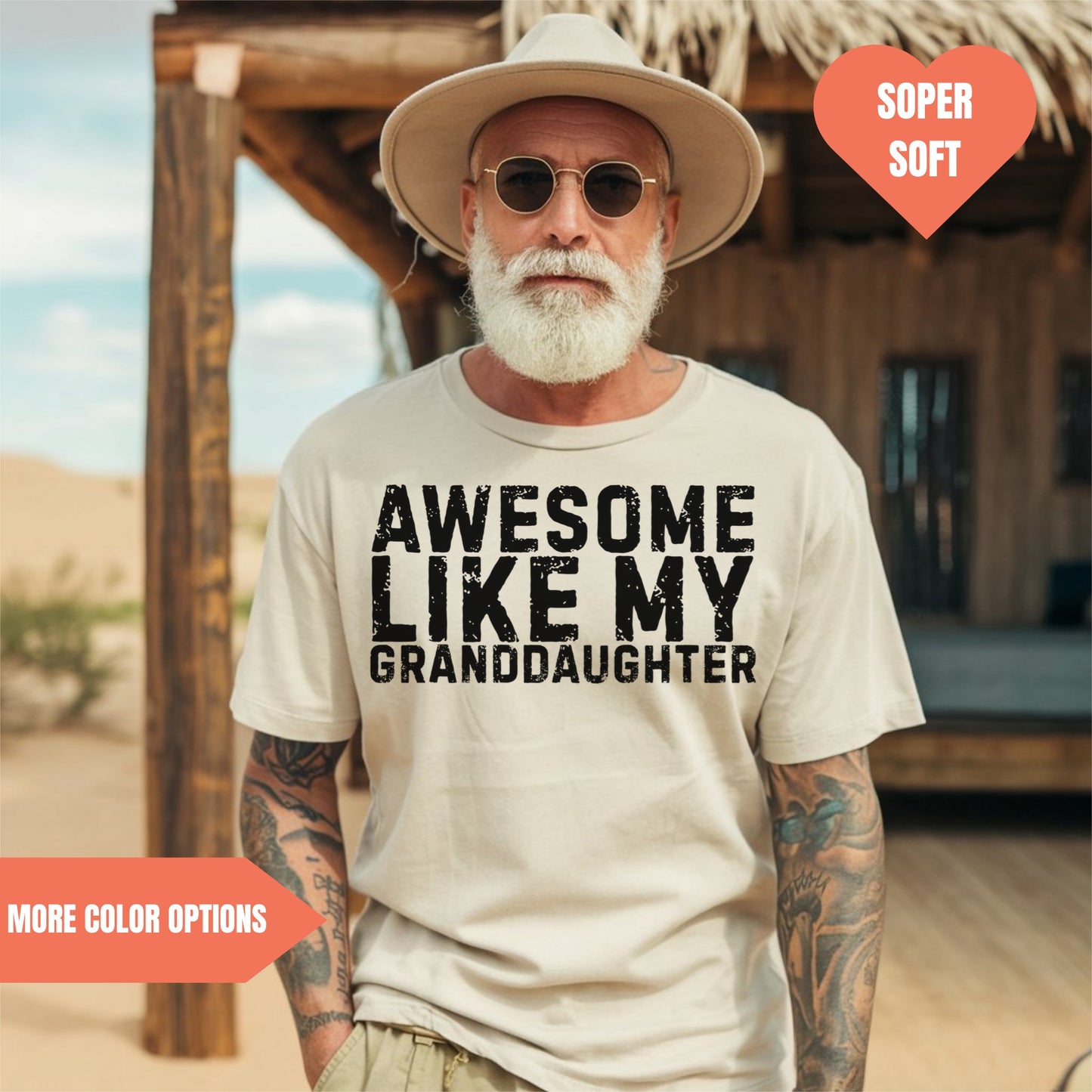 a man with a beard wearing a t - shirt that says awesome like my granddaughter