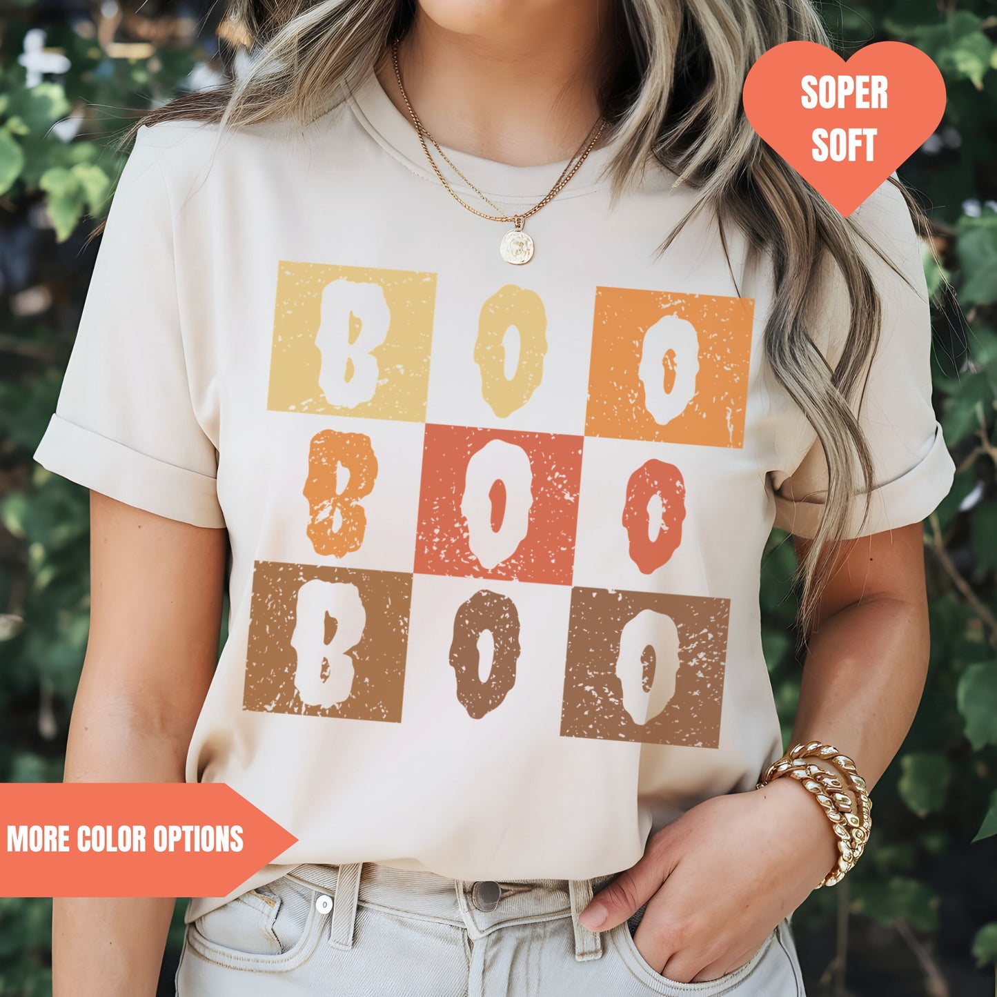 a woman wearing a t - shirt that says boo boo boo boo boo boo boo