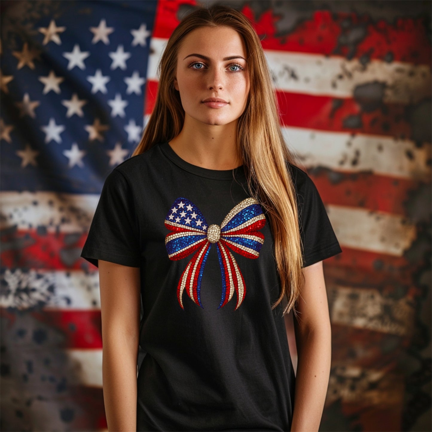 a woman standing in front of an american flag