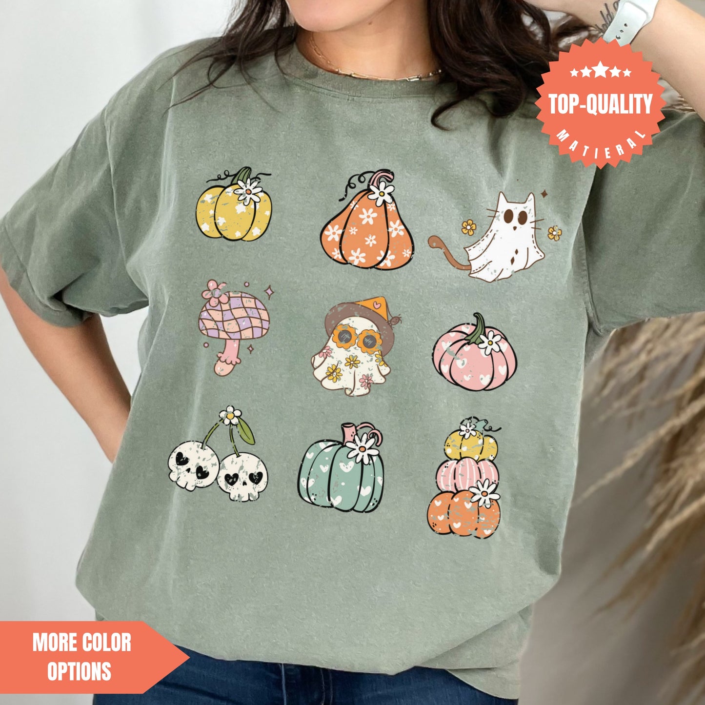 a woman wearing a t - shirt with a bunch of pumpkins on it