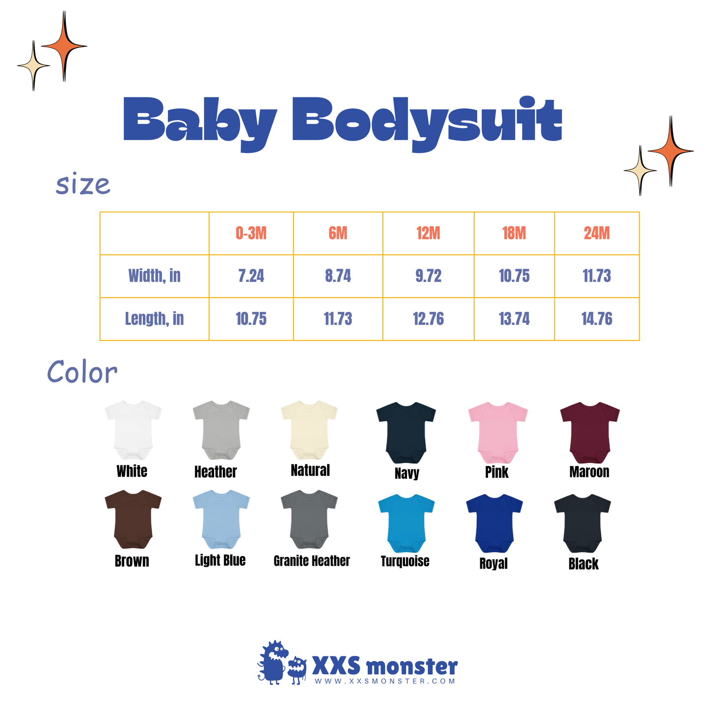 a baby bodysuit size chart with different colors