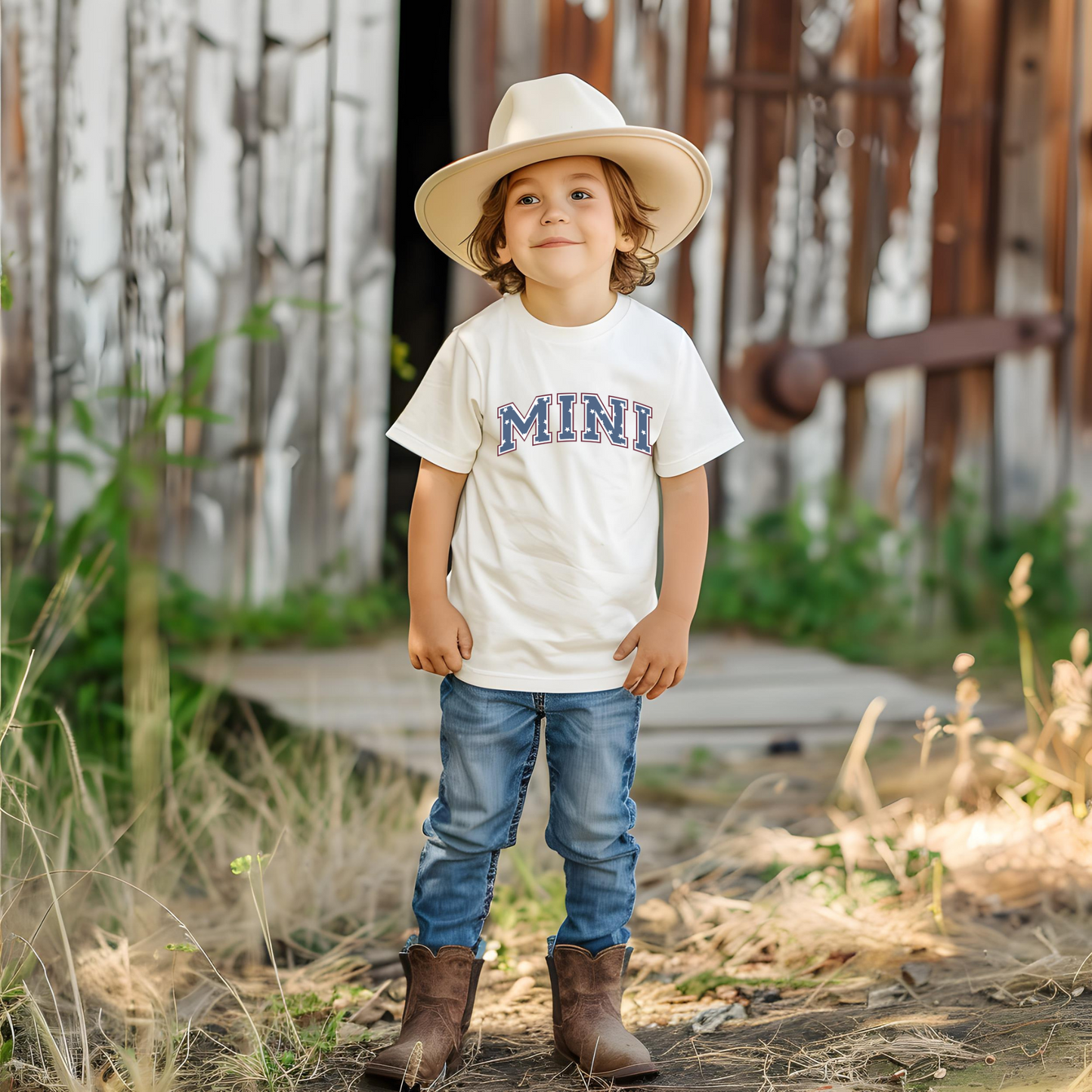 a young boy wearing a hat and jeans
