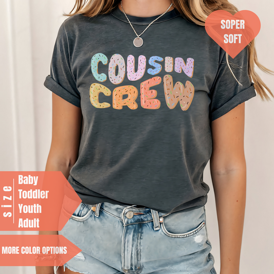 a woman wearing a t - shirt that says cousin crew