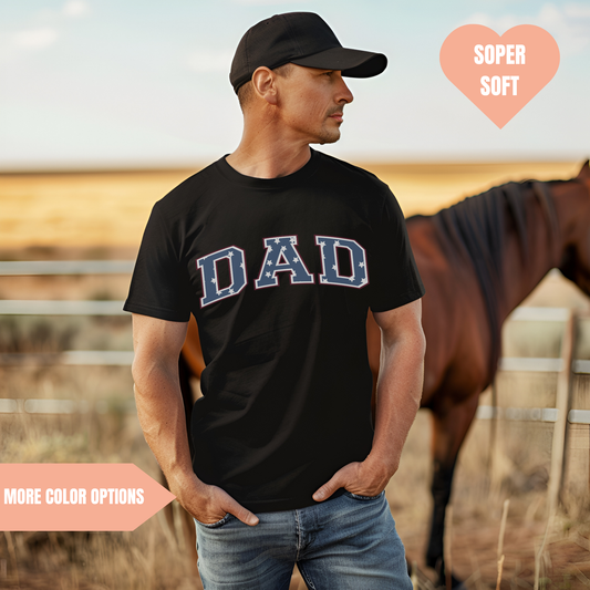 a man standing in front of a horse wearing a dad shirt