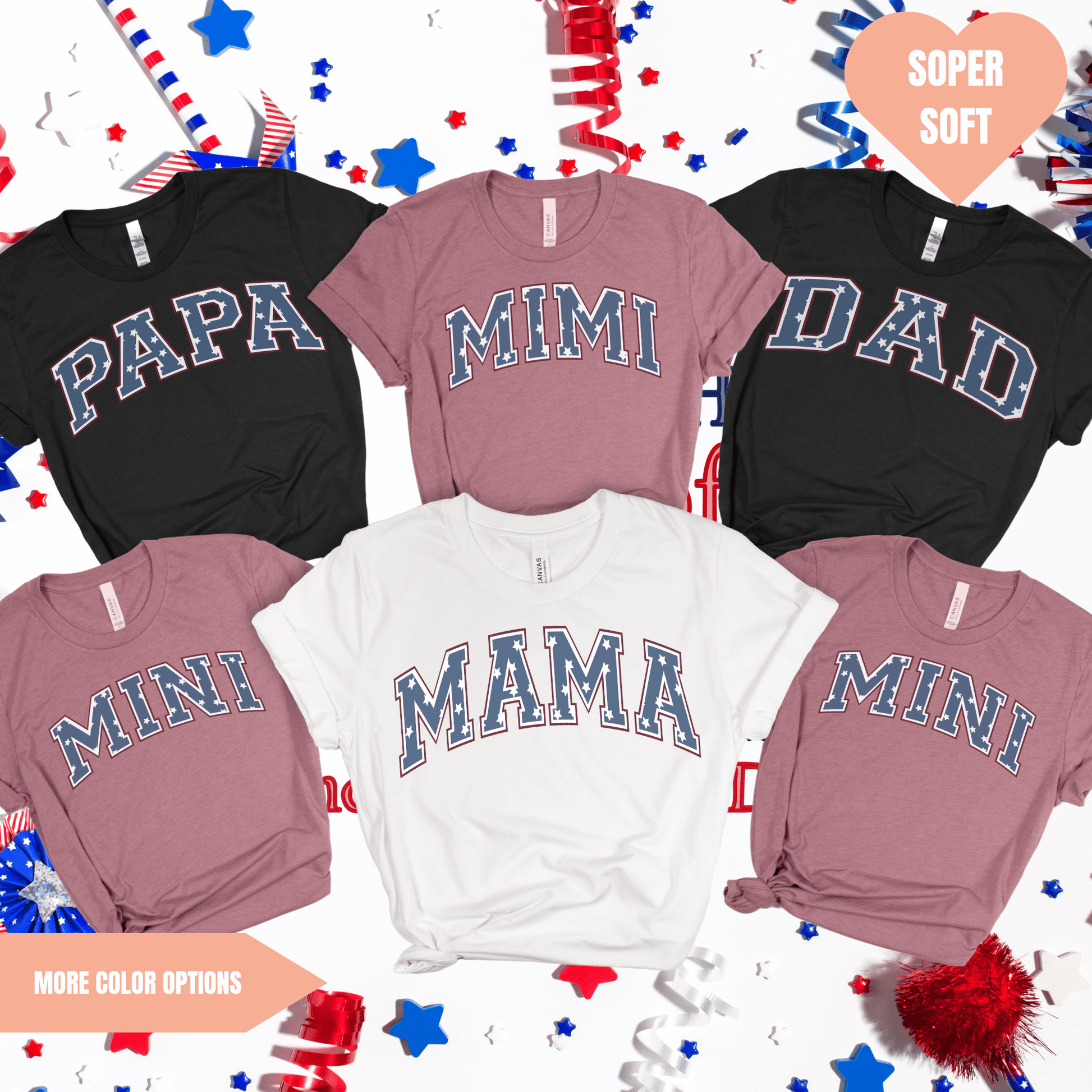 a group of shirts with the word papa and mama on them