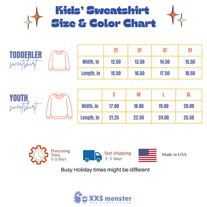 The image is a size and color chart for kids' sweatshirts, providing measurements and color options for different age groups.