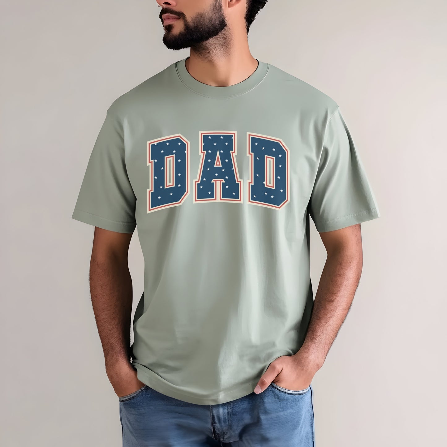 a man wearing a t - shirt with the word dad on it