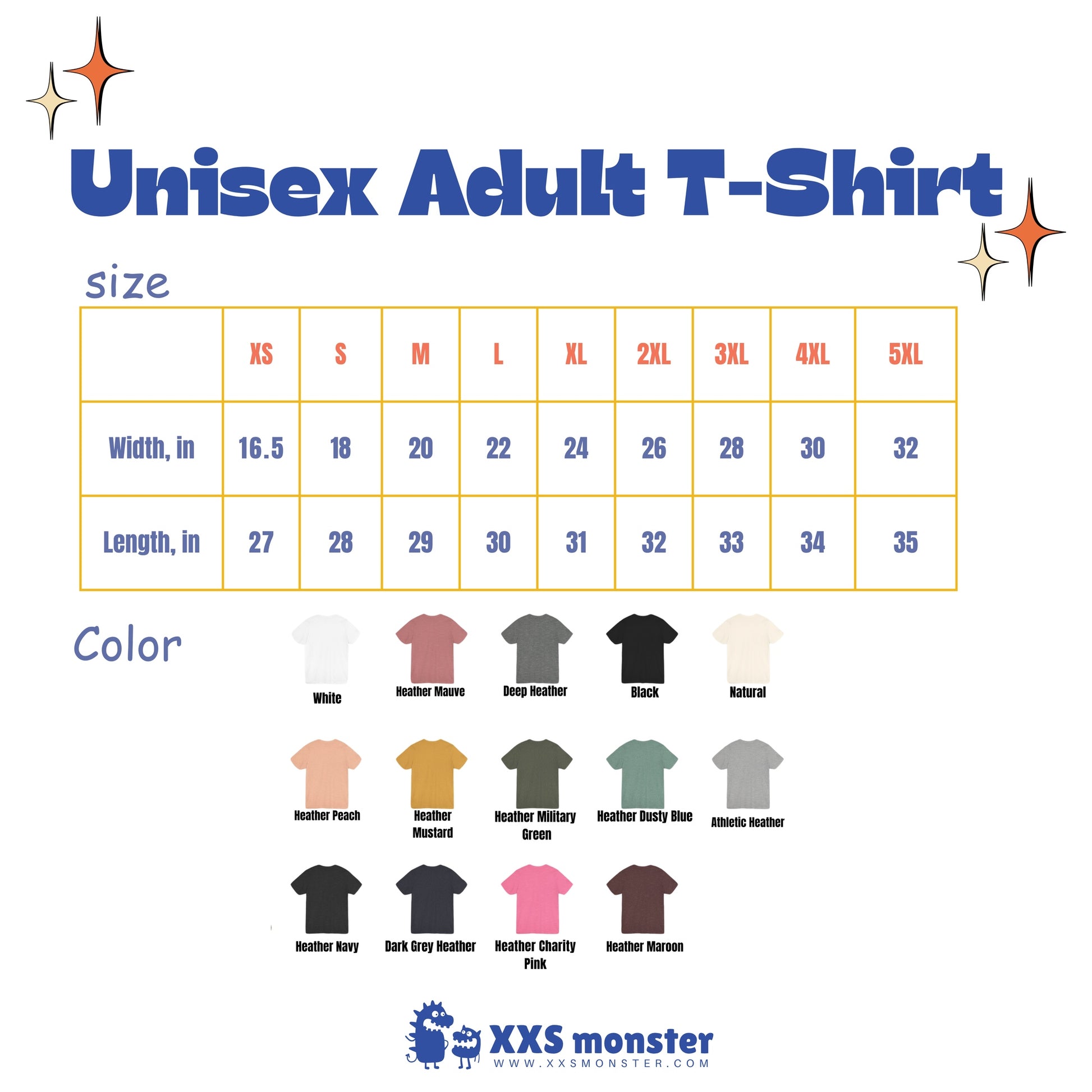 a shirt size chart with different colors and sizes