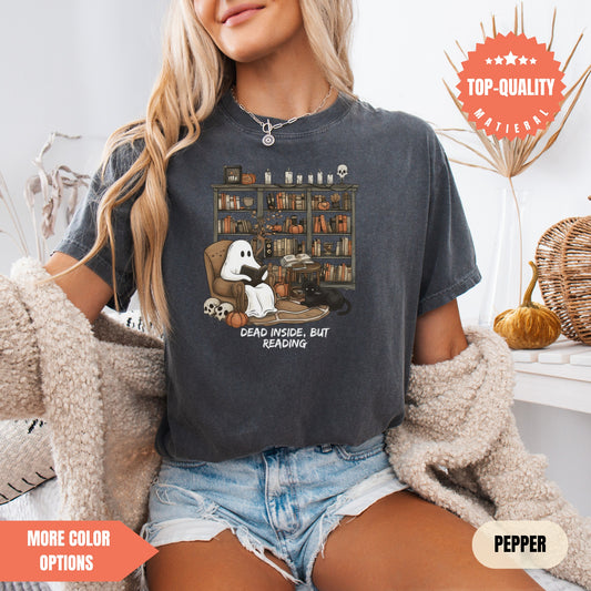 Retro Halloween Book Lover T-Shirt Dead Inside, But Reading Comfort Colors