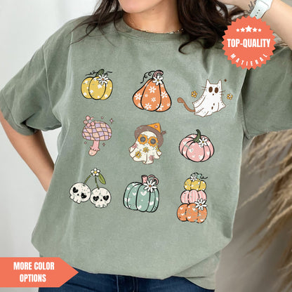 a woman wearing a t - shirt with a bunch of pumpkins on it