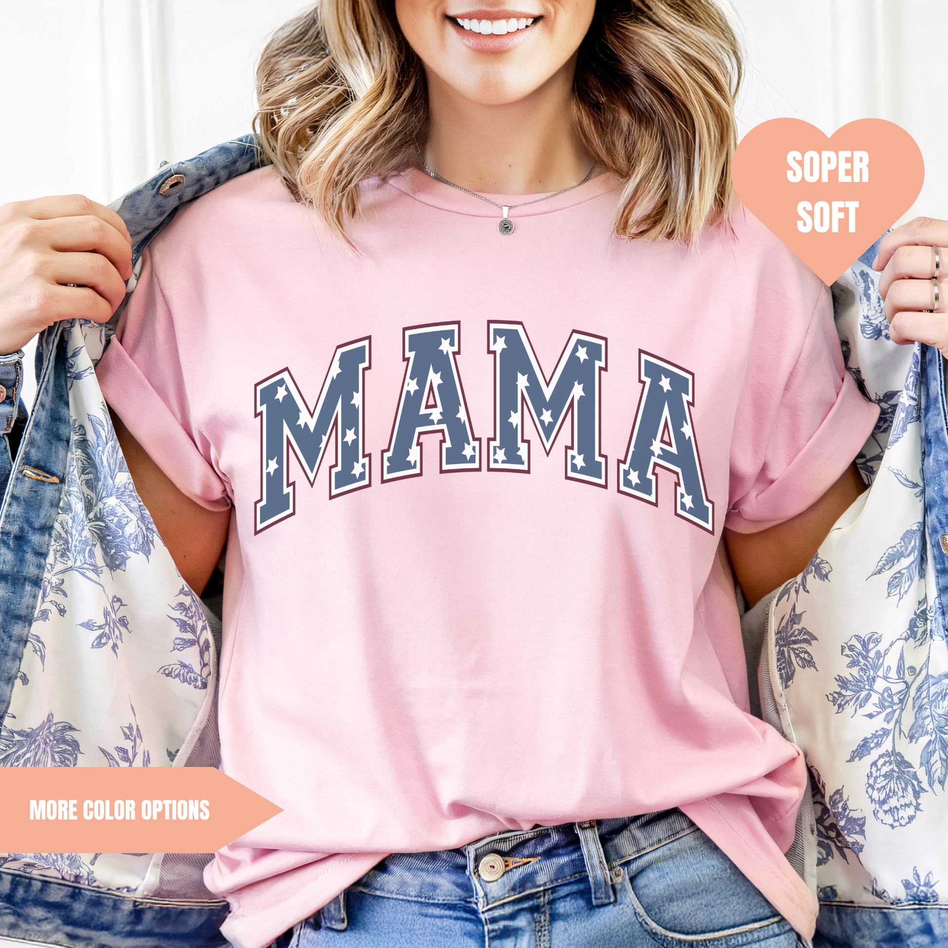 a woman wearing a pink shirt with the word mama printed on it