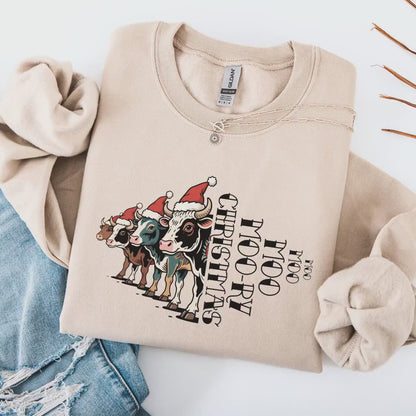 Funny Christmas Sweatshirt - Merry Christmas Cows | Festive Cow Sweater Gift