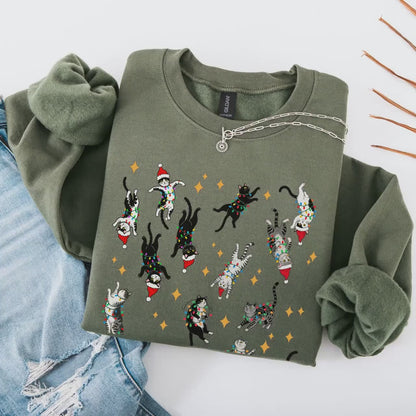 Funny Cat Christmas Sweatshirt – Soft Cotton Crewneck Holiday Shirt For Women