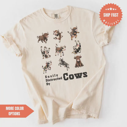 Funny Cow Shirt - Western Cowboy Shirt With Easily Distracted Cows Graphic