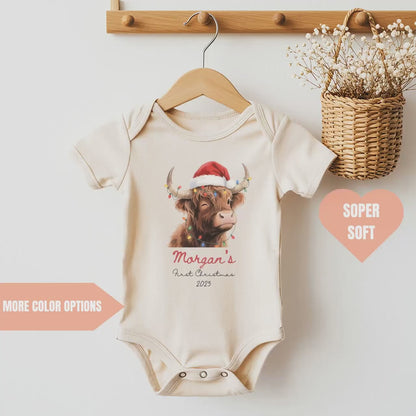 Personalised First Christmas Bodysuit, Baby Xmas Cow Bodysuit