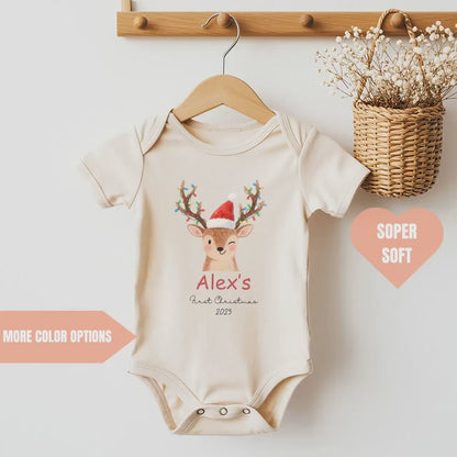 Personalised First Christmas Sleepsuit, Baby Xmas Reindeer Bodysuit