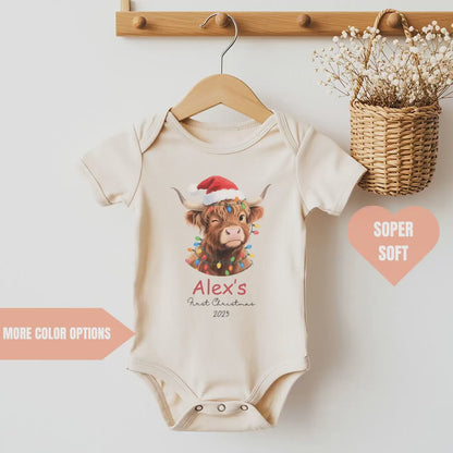 Personalised First Christmas Bodysuit, Baby Xmas Cow Bodysuit