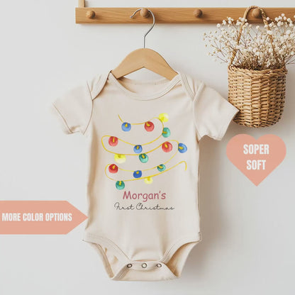 Personalised First Christmas Sleepsuit, Baby Xmas Lights Bodysuit